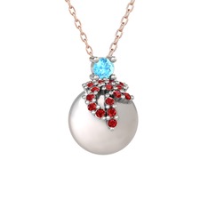 Akuamarin, garnet ve inci 18 ayar beyaz altın kolye (40 cm rose altın rolo zincir)