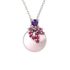Afra İnci Kolye - Ametist, rodolit garnet ve pembe inci 18 ayar beyaz altın kolye (40 cm beyaz altın rolo zincir) #1pyfi7b