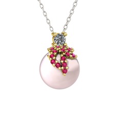 Afra İnci Kolye - Pırlanta, rodolit garnet ve pembe inci 8 ayar altın kolye (0.11 karat, 40 cm beyaz altın rolo zincir) #1q8vl0a