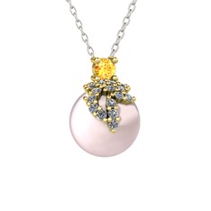 Sitrin, pırlanta ve pembe inci 925 ayar altın kaplama gümüş kolye (0.176 karat, 40 cm beyaz altın rolo zincir)