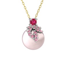 Afra İnci Kolye - Rodolit garnet, pembe kuvars ve pembe inci 14 ayar beyaz altın kolye (40 cm altın rolo zincir) #1rjkeba