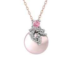 Pembe kuvars, beyaz zirkon ve pembe inci 18 ayar beyaz altın kolye (40 cm rose altın rolo zincir)