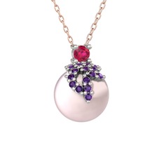 Rodolit garnet, ametist ve pembe inci 14 ayar beyaz altın kolye (40 cm gümüş rolo zincir)