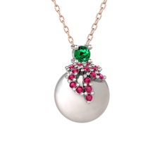 Yeşil kuvars, rodolit garnet ve inci 925 ayar gümüş kolye (40 cm rose altın rolo zincir)