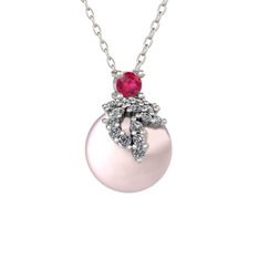 Afra İnci Kolye - Rodolit garnet, pırlanta ve pembe inci 8 ayar beyaz altın kolye (0.176 karat, 40 cm beyaz altın rolo zincir) #1tlqzsy