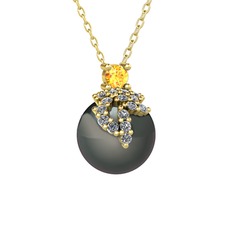 Afra İnci Kolye - Sitrin, pırlanta ve siyah inci 18 ayar altın kolye (0.176 karat, 40 cm gümüş rolo zincir) #1tyvgkq