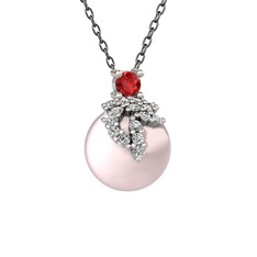 Afra İnci Kolye - Garnet, beyaz zirkon ve pembe inci 18 ayar beyaz altın kolye (40 cm gümüş rolo zincir) #1ut9nc