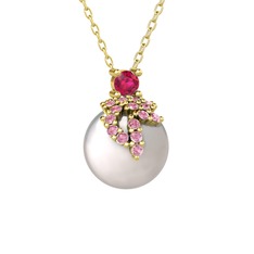Rodolit garnet, pembe kuvars ve inci 8 ayar altın kolye (40 cm gümüş rolo zincir)