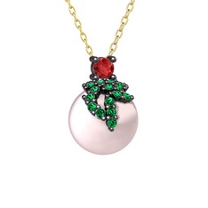 Garnet, yeşil kuvars ve pembe inci 925 ayar siyah rodyum kaplama gümüş kolye (40 cm altın rolo zincir)