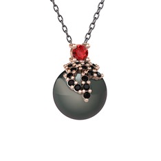 Garnet, siyah zirkon ve siyah inci 8 ayar rose altın kolye (40 cm gümüş rolo zincir)