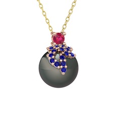 Rodolit garnet, lab safir ve siyah inci 8 ayar rose altın kolye (40 cm altın rolo zincir)