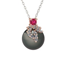 Rodolit garnet, pırlanta ve siyah inci 18 ayar rose altın kolye (0.176 karat, 40 cm beyaz altın rolo zincir)