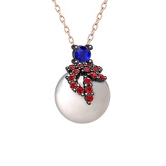 Afra İnci Kolye - Lab safir, garnet ve inci 925 ayar siyah rodyum kaplama gümüş kolye (40 cm rose altın rolo zincir) #1x3cctc