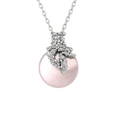 Afra İnci Kolye - Beyaz zirkon ve pembe inci 14 ayar beyaz altın kolye (40 cm beyaz altın rolo zincir) #1x96ux0