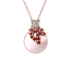 Beyaz zirkon, garnet ve pembe inci 14 ayar rose altın kolye (40 cm rose altın rolo zincir)