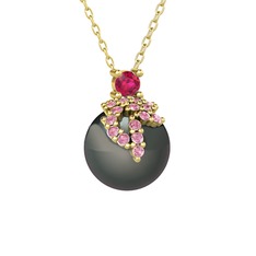 Rodolit garnet, pembe kuvars ve siyah inci 14 ayar altın kolye (40 cm gümüş rolo zincir)