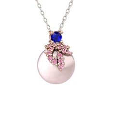 Lab safir, pembe kuvars ve pembe inci 8 ayar rose altın kolye (40 cm gümüş rolo zincir)