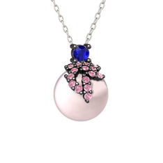Lab safir, pembe kuvars ve pembe inci 925 ayar siyah rodyum kaplama gümüş kolye (40 cm beyaz altın rolo zincir)