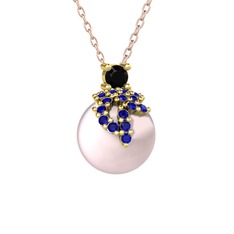 Afra İnci Kolye - Siyah zirkon, lab safir ve pembe inci 14 ayar altın kolye (40 cm rose altın rolo zincir) #1ygd4l3