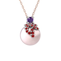 Afra İnci Kolye - Ametist, garnet ve pembe inci 18 ayar beyaz altın kolye (40 cm rose altın rolo zincir) #1yk3965