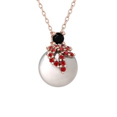 Afra İnci Kolye - Siyah zirkon, garnet ve inci 8 ayar rose altın kolye (40 cm rose altın rolo zincir) #1ypp3l6