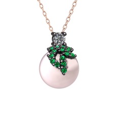 Afra İnci Kolye - Pırlanta, yeşil kuvars ve pembe inci 925 ayar siyah rodyum kaplama gümüş kolye (0.11 karat, 40 cm rose altın rolo zincir) #1zncqe