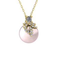 Afra İnci Kolye - Pırlanta, beyaz zirkon ve pembe inci 18 ayar altın kolye (0.11 karat, 40 cm altın rolo zincir) #248z6h
