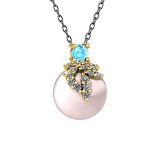 Akuamarin, pırlanta ve pembe inci 925 ayar altın kaplama gümüş kolye (0.176 karat, 40 cm gümüş rolo zincir)