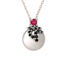 Rodolit garnet, siyah zirkon ve inci 14 ayar beyaz altın kolye (40 cm rose altın rolo zincir)