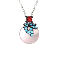 Afra İnci Kolye - Garnet, akuamarin ve pembe inci 925 ayar siyah rodyum kaplama gümüş kolye (40 cm beyaz altın rolo zincir) #2i28gs