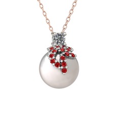 Pırlanta, garnet ve inci 18 ayar beyaz altın kolye (0.11 karat, 40 cm rose altın rolo zincir)