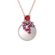 Afra İnci Kolye - Garnet, rodolit garnet ve inci 18 ayar beyaz altın kolye (40 cm rose altın rolo zincir) #2izxdl