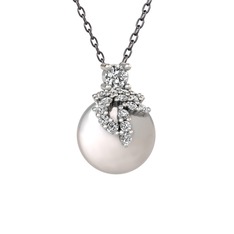 Afra İnci Kolye - Beyaz zirkon ve inci 14 ayar beyaz altın kolye (40 cm gümüş rolo zincir) #34n07f