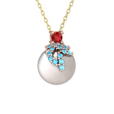 Garnet, akuamarin ve inci 14 ayar rose altın kolye (40 cm altın rolo zincir)