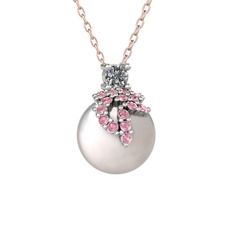 Pırlanta, pembe kuvars ve inci 8 ayar beyaz altın kolye (0.11 karat, 40 cm rose altın rolo zincir)