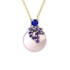 Afra İnci Kolye - Lab safir, ametist ve pembe inci 925 ayar gümüş kolye (40 cm altın rolo zincir) #3qh26j