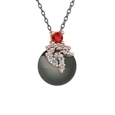 Garnet, beyaz zirkon ve siyah inci 14 ayar rose altın kolye (40 cm gümüş rolo zincir)