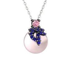 Afra İnci Kolye - Pembe kuvars, lab safir ve pembe inci 925 ayar siyah rodyum kaplama gümüş kolye (40 cm gümüş rolo zincir) #4c6yc3