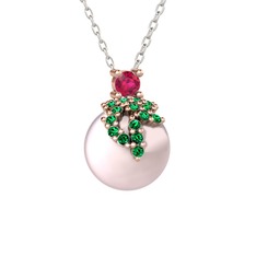 Afra İnci Kolye - Rodolit garnet, yeşil kuvars ve pembe inci 18 ayar rose altın kolye (40 cm beyaz altın rolo zincir) #57qp10