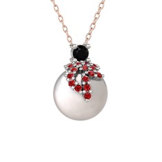 Afra İnci Kolye - Siyah zirkon, garnet ve inci 14 ayar beyaz altın kolye (40 cm rose altın rolo zincir) #58knw5