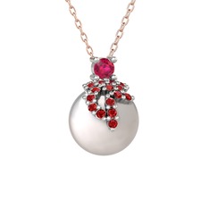 Rodolit garnet, garnet ve inci 925 ayar gümüş kolye (40 cm rose altın rolo zincir)