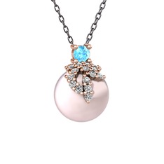 Afra İnci Kolye - Akuamarin, beyaz zirkon ve pembe inci 8 ayar rose altın kolye (40 cm gümüş rolo zincir) #5k58bw