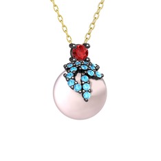 Afra İnci Kolye - Garnet, akuamarin ve pembe inci 925 ayar siyah rodyum kaplama gümüş kolye (40 cm altın rolo zincir) #6alp56