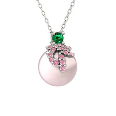 Afra İnci Kolye - Yeşil kuvars, pembe kuvars ve pembe inci 14 ayar beyaz altın kolye (40 cm beyaz altın rolo zincir) #6krs51