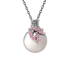 Afra İnci Kolye - Pırlanta, pembe kuvars ve inci 18 ayar beyaz altın kolye (0.11 karat, 40 cm gümüş rolo zincir) #703ftl
