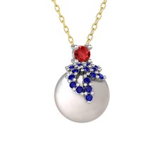Garnet, lab safir ve inci 18 ayar beyaz altın kolye (40 cm altın rolo zincir)
