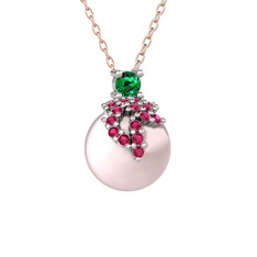 Afra İnci Kolye - Yeşil kuvars, rodolit garnet ve pembe inci 18 ayar beyaz altın kolye (40 cm rose altın rolo zincir) #7qfm7