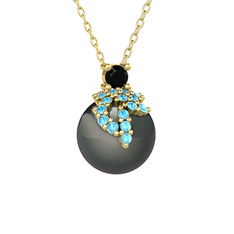 Afra İnci Kolye - Siyah zirkon, akuamarin ve siyah inci 8 ayar altın kolye (40 cm altın rolo zincir) #7ve41b