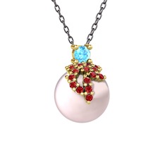 Afra İnci Kolye - Akuamarin, garnet ve pembe inci 14 ayar altın kolye (40 cm gümüş rolo zincir) #7wchp1