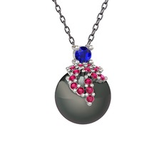 Afra İnci Kolye - Lab safir, rodolit garnet ve siyah inci 18 ayar beyaz altın kolye (40 cm gümüş rolo zincir) #80dxba